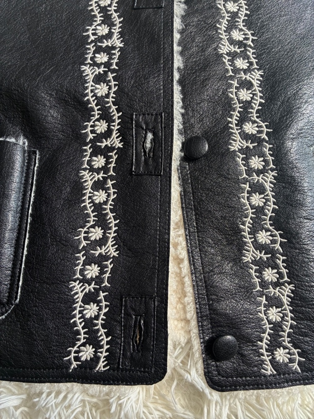 Free People Black Faux-Leather Sherpa Vest with White Embroidery - Picture 4 of 7